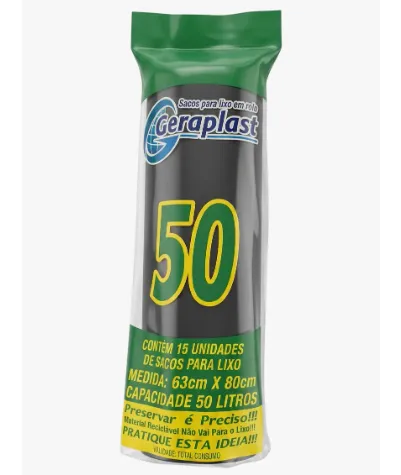 SACO PLASTICO PARA LIXO 50L C/15 - GERAPLAST